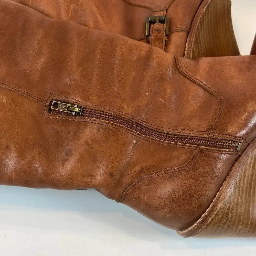 Ugg Wedge Boots Brown Leather Sheepskin Lining Women's Size 9.5